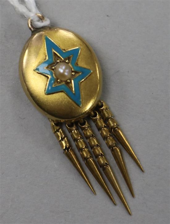 A Victorian gold, turquoise and seed pearl pendant locket with tassels, 30mm.